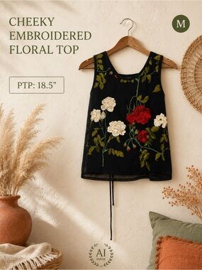 Cheeky Black Embroidered Floral Sleeveless Top Size Medium